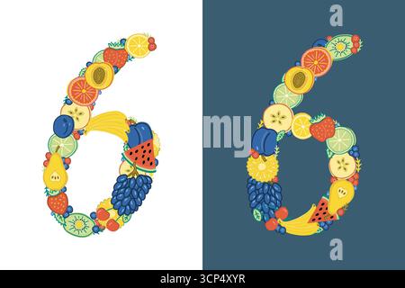 Bunte Zahl 6 aus Früchten und Beeren, Illustration im Doodle-Stil, isoliert auf weißem und dunkelblauem Hintergrund. Stock Vektor