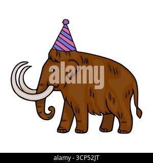 Festliche Vektor-Illustration eines Wollammuts, das einen gestreiften Partyhut trägt, ein charmantes Charakterdesign, das perfekt für Geburtstagsfeiern oder Prähisto ist Stock Vektor