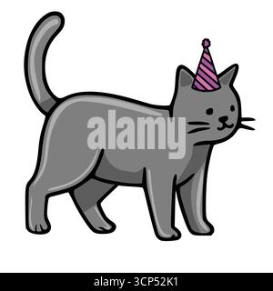 Entzückende Vektor-Illustration einer grauen Katze, die einen rosa und lila gestreiften Partyhut trägt, perfekt für Geburtstagsfeiern oder festliche Designs. Stock Vektor