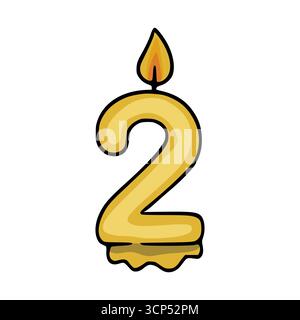 Eine Vektorillustration einer goldenen Geburtstagskerze in Form einer Zahl zwei mit einer brennenden Flamme, mit einem tropfenden Wachseffekt am Boden, präsentiert in einem ha Stock Vektor