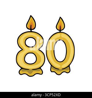 Eine skurrile Vektor-Illustration von goldenen Geburtstagskerzen in Form der Zahlen 80, mit leuchtenden Flammen und einem verspielten, handgezeichneten Stil, perfekt Stock Vektor