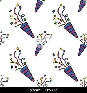 Nahtloses Vektormuster mit handgezeichneten Partypoppers mit bunten Konfetti und Sternen, die ein lebendiges und festliches Design schaffen, das ideal für Feiern ist Stock Vektor