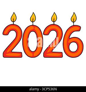 Festliche Vektor-Illustration des Jahres 2026 dargestellt als orange Kerzen mit gelben Flammen, ideal für festliche Designs und Neujahrsgrüße. Stock Vektor