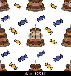 Nahtloses Vektormuster mit einem entzückenden zweistufigen Schokoladen-Geburtstagskuchen mit einer einzelnen Kerze und verstreuten blauen und orangen Bonbons Stock Vektor