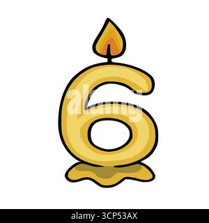 Festliche Vektor-Illustration einer goldenen Zahl sechs Geburtstagskerze mit einer beleuchteten Flamme, mit handgezeichnetem Stil und tropfender Wachsbasis. Stock Vektor