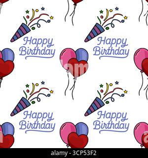 Nahtloses Vektormuster mit handgezeichneten Geburtstagselementen Ballons in Herzform und runden Formen, Party Poppers und einer verspielten Happy Birth Stock Vektor