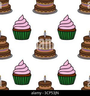 Nahtloses Vektormuster mit entzückenden Cupcakes mit rosa Zuckerguss und zweistufigen Schokoladenkuchen mit einer einzigen Kerze, die ein fröhliches und kreieren Stock Vektor
