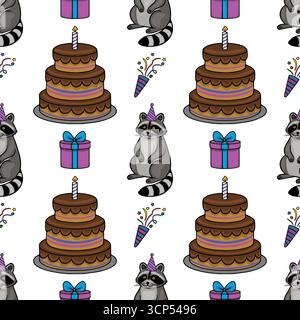 Nahtloses Vektormuster mit entzückenden Waschbären in Partyhüten, köstlichen zweilagigen Schokoladenkuchen mit Kerzen und lebendigen Geschenkboxen, Creatin Stock Vektor