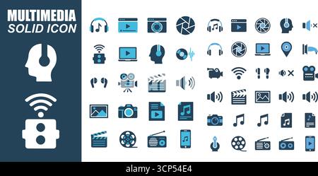 Multimedia & Technologie Solid Icons | Symbole Für Kamera, Musik Und Bearbeitung Stock Vektor