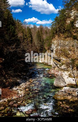 Malerische Schlucht Orrido dello Slizza in der Nähe von Tarvisio, Italien, mit klarem türkisfarbenem Wasser, das zwischen steilen felsigen Klippen fließt, umgeben von üppigem Wald Stockfoto