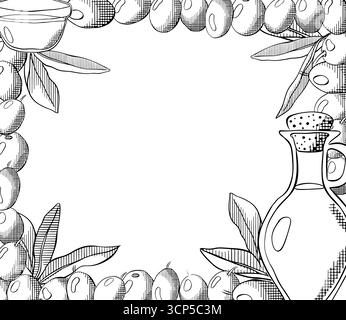 Skizzenrahmen aus Olivenzweig mit Beeren und Blättern. Rechteckige Rahmenschablone für Olivenöl, grüne Beeren und Blätter. Vektorgrafik-Strichtinte Schwarz und wh Stock Vektor