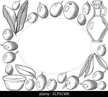 Ovaler rechteckiger Rahmen für Olivenöl, grüne Beeren und Blätter. Vektorgrafik Tinte Schwarz-weiß-Illustration. Banner, Poster, Geschenkpapier, Stock Vektor