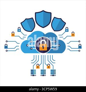 Cloud-Sicherheit und Datenschutz mit Locks Shields und Servernetzwerk Stock Vektor