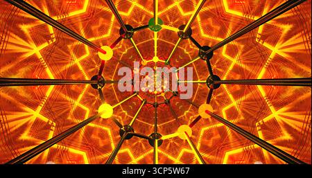 Das lebhafte geometrische Design strahlt Wärme aus, in Orange- und Gelbtönen. Das Muster verfügt über symmetrische Formen, die eine faszinierende visuelle Erfahrung erzeugen Stockfoto
