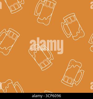 Bier Octoberfest nahtloses Muster. Volle Bierbecher mit Schaum auf orangefarbenem, braunem Hintergrund. Handgezeichnete Grafik Vektor-Illustration im Doodle-Stil Stock Vektor