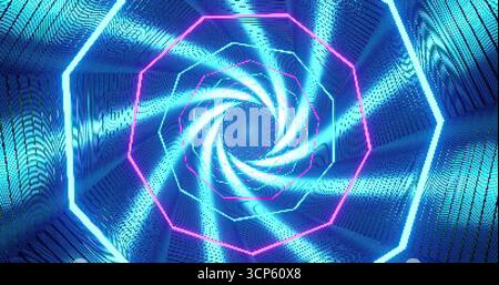 Das farbenfrohe Tunneldesign sorgt mit schwindelerregenden blauen und rosa Neonmustern für eine Illusion von Tiefe. Der Hintergrund hat ein futuristisches Gefühl und gibt ein Stockfoto