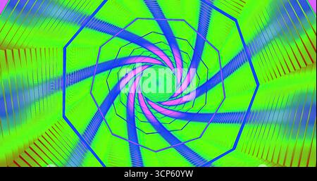 Ein faszinierendes Spiraldesign mit hellgrünen und blauen Farben, die sich nach innen drehen. Das geometrische Muster erzeugt ein Gefühl von Bewegung und Tiefe, Drawin Stockfoto