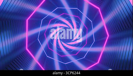 Ein farbenfroher Spiraltunnel bietet helle Neonlichter in Blau und Pink. Die Lichter erzeugen einen wirbelnden Effekt, der ein Gefühl von Bewegung und Tiefe in einem erzeugt Stockfoto
