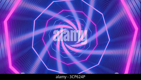 Leuchtende Neonfarben sorgen in einem futuristischen Tunnel für einen wirbelnden Effekt. Das Design zeigt ein faszinierendes Muster aus blauen und rosafarbenen Lichtern, das eine Krankheit schafft Stockfoto