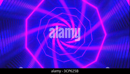 Helle Neonlichter schlängeln sich in einem Tunnelmuster und sorgen für einen fesselnden visuellen Effekt. Dieses leuchtende Display verwendet Rosa- und Blautöne und erzeugt so eine dyna Stockfoto