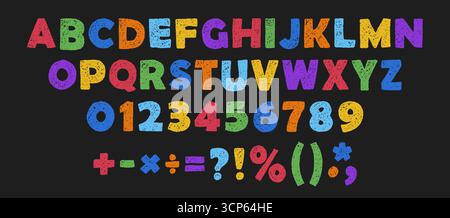 Buntstift-Kinderschrift, lustiges, verspieltes Alphabet. Handgezeichnetes Doodle-Typescript. Schulwachsstift abc. Niedliche Kindergarten-Handschriftenbriefe, Stock Vektor