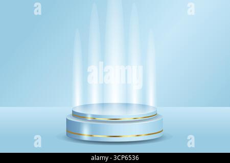 Futuristische, blaue 3D-Podeste mit goldenem Streifen und Spotlights, perfekt für Technologiekonzept, Produktanzeige, Mockup, Showroom Showcase und Modern de Stock Vektor