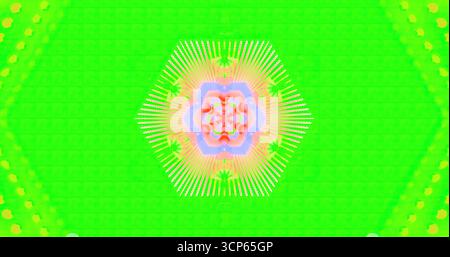 Buntes geometrisches Design bildet eine sechseckige Form mit wirbelnden Mustern. Helle Grün- und Rosa-Farben sorgen für einen lebendigen visuellen Effekt, perfekt zum Anfassen Stockfoto
