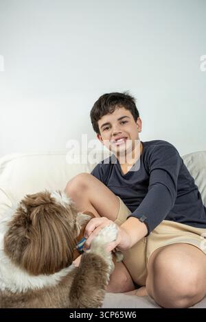 12-jähriger brasilianischer Teenager auf dem Sofa, der mit seinem Hund spielt. Stockfoto