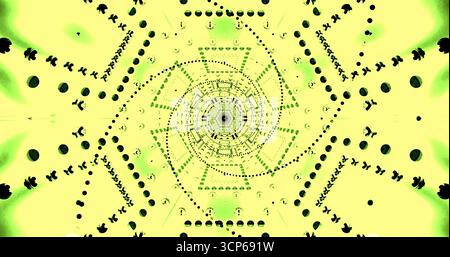 Das komplexe Design besteht aus einer Spirale grüner Farben und kreisförmigen Mustern. Das Bildmaterial erzeugt einen faszinierenden visuellen Effekt, der den Betrachter in sein i hineinzieht Stockfoto