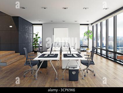 Moderne Büroeinrichtung mit leeren Arbeitsplätzen. Moderner Arbeitsplatz mit Computern und Stadtblick. 3D-Rendering. Stockfoto