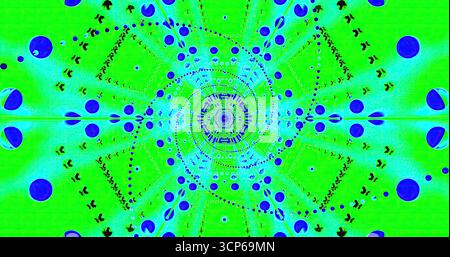 Lebendiges abstraktes Kunstwerk mit kreisenden Mustern in Blau- und Grüntönen. Formen und Designs erzeugen einen hypnotischen visuellen Effekt, Zeichenbetrachter Stockfoto
