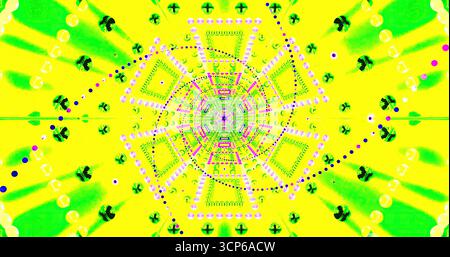 Lebendige geometrische Formen und wirbelnde Muster sorgen für ein fesselndes visuelles Erlebnis. Die hellen Farben verschmelzen harmonisch und laden die Zuschauer zu einem Stockfoto