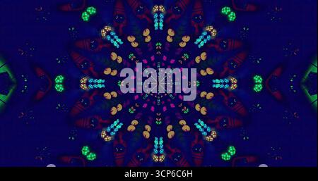 Dieses Bildmaterial zeigt eine lebendige Palette von Farben und komplexen geometrischen Formen und schafft ein faszinierendes symmetrisches Design. Die Muster evozieren einen Sinn o Stockfoto