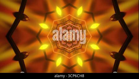 Leuchtende Farben schaffen ein kompliziertes Kaleidoskop-Design mit warmen, leuchtenden Lichtern. Das Muster zeichnet sich durch symmetrische Formen und leuchtende Farbtöne aus, die eine Stockfoto