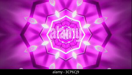 Dieses lebendige Display zeigt ein Kaleidoskop-Muster in verschiedenen Rosa-Tönen, das durch leuchtende Lichter hervorgehoben wird. Die komplizierten Formen erzeugen ein Mesmerizi Stockfoto
