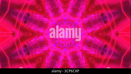 Das atemberaubende Kaleidoskop-Design zeichnet sich durch komplexe geometrische Formen und Muster in hellen Rosa-Tönen aus. Die lebendigen Farben sorgen für ein faszinierendes Bild Stockfoto