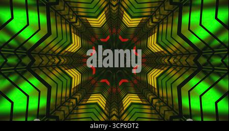 Diese lebendige Szene zeigt komplexe geometrische Muster in leuchtenden Gelb-, Grün- und Rottönen. Die dynamischen Formen erzeugen einen faszinierenden Effekt, Drawi Stockfoto