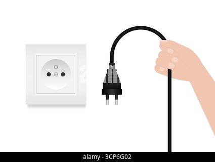 Ziehen Sie Den Stecker Ab. Ziehen Sie den elektrischen Stecker von der Hand aus der Steckdose. Energiesparkonzept. Vektorabbildung. Stock Vektor