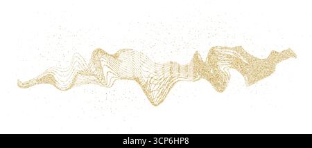 Dynamische goldene Wellen mit kleinen Partikeln. Goldenes gekrümmtes Gefälle. Abstrakter Stipple-Flow, strahlendes, welliges Muster. Vektor-Urlaub gepunktete Fliege Stock Vektor