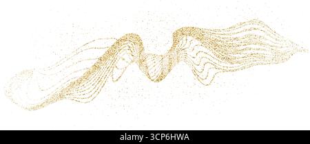 Goldstippelfluss, Partikel-Wellenmuster. Abstraktes, goldgekrümmtes, gestricheltes Verlaufsnetz Dynamische Schimmer-Wellen mit Glanzeffekten. Vektor gepunktete Flui Stock Vektor