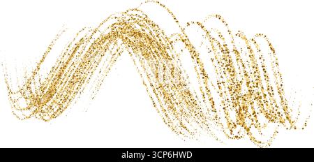 Dynamische goldene Wellen mit kleinen Partikeln. Abstrakter Fluss eleganter goldener geschwungener gestrichelter Verlauf, gepunktete fließende Linie Goldhintergrund, luxuriöses Design Text Stock Vektor