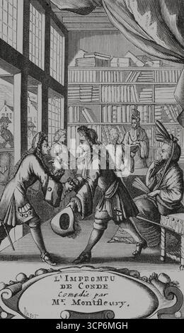 "L'impromptu de l'Hôtel de Condé". Komödie des französischen Dramatikers Antoine Jacob (1639–1685), bekannt als Montfleury. Die Uraufführung fand am Abend des 11. Dezember 1663 im Hôtel de Condé statt, in Anwesenheit der königlichen Familie. Cleante und der Marquis begrüßen sich in einem Buchladen. Stich von Huyot nach einer Szene aus „Les oeuvres de Monsieur de Montfleury“. Den Haag, 1735. XVIIme siècle: lettres, Sciences et Arts, Frankreich 1590-1700 (17. Jahrhundert: Briefe, Wissenschaften und Künste), von Paul Lacroix. Veröffentlicht in Paris von Librairie de Firmin-Didot et Cie, 1882. Stockfoto