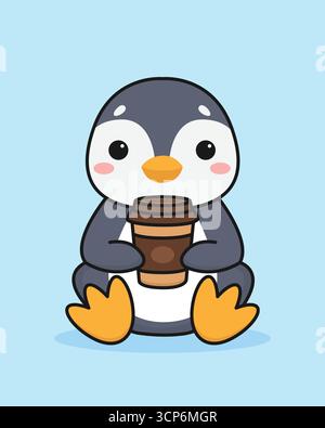 Niedlicher Karikaturpinguin mit einer Tasse Kaffee. Isolierter Hintergrund. Vektorabbildung. Stock Vektor
