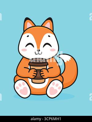 Niedlicher Comic Fuchs mit einer Tasse Kaffee. Isolierter Hintergrund. Vektorabbildung. Stock Vektor