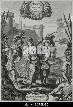 „Antigone“. Tragödie in fünf Akten in Versen, geschrieben vom französischen Dramatiker und Dichter Jean de Rotrou (1609–1650) 1636 oder 1637. Es wurde 1637 im Hôtel de Bourgogne in Paris uraufgeführt, wurde aber erst 1639 veröffentlicht. Antigone wird von Creons Soldaten verhaftet, weil sie versucht haben, ihren Brüdern ein ehrenvolles Begräbnis zu geben. Illustration für das Frontispiece des Stücks, gezeichnet und graviert von Claude Vignon (1593-1670) und Michel Lasne (1595-1667). Paris, chez Antoine de Sommaville et Toussaint Quinet, 1640 (wie es auf der Vorderseite steht). XVIIme siècle: lettres, Wissenschaften und Künste, Frankreich Stockfoto