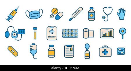 Medizinische Vektor-Symbol-Set mit medizinischen Geräten und Zubehör. Perfekt für Krankenhaus-Infografiken, Apotheken-Apps, Klinik-Websites und Notfalldienst Stock Vektor