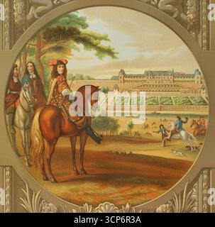 Ludwig XIV., bekannt als „der Sonnenkönig“ (1638–1715). König von Frankreich (1643-1715). Ludwig XIV., neben Turenne, nahm an einer Vogeljagd teil, mit Blick auf Château-Neuf (königliche Residenz zwischen 1659 und 1680) und die Terrassen von Saint-Germain-en-Laye, 1669. Lithographie von Gaulard nach einem Gemälde des flämischen Malers Adam Frans van der Meulen (1632–1690). Chromolithographie. Details. XVIIme siècle: lettres, Sciences et Arts, Frankreich 1590-1700 (17. Jahrhundert: Briefe, Wissenschaften und Künste), von Paul Lacroix. Veröffentlicht in Paris von Librairie de Firmin-Didot et Cie, 1882. Stockfoto
