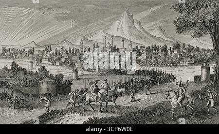 Blick auf Isfahan, Persien, ca. 1673. Gravur. "Voyages de Monsieur le chevalier Chardin en Perse, et autres lieux de l'Orient" (die Reisen von Sir John Chardin), vom französischen Ritter und Entdecker Jean Chardin (1643-1713). Druckausgabe in Amsterdam, chez Jean-Louis de Lorme, 1711. XVIIme siècle: lettres, Sciences et Arts, Frankreich 1590-1700 (17. Jahrhundert: Briefe, Wissenschaften und Künste), von Paul Lacroix. Veröffentlicht in Paris von Librairie de Firmin-Didot et Cie, 1882. Stockfoto