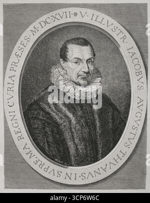 Jacques Auguste de Thou (1553-1617). Französischer Latinist, Dichter, Historiker, Bibliophiler und hochrangiger Richter. Stich von Huyot nach einem Porträt von Ferdinand Elle (ca. 1580-1637/1640), Stich von Jean Morin (ca. 1605-1650). XVIIme siècle: lettres, Sciences et Arts, Frankreich 1590-1700 (17. Jahrhundert: Briefe, Wissenschaften und Künste), von Paul Lacroix. Veröffentlicht in Paris von Librairie de Firmin-Didot et Cie, 1882. Stockfoto
