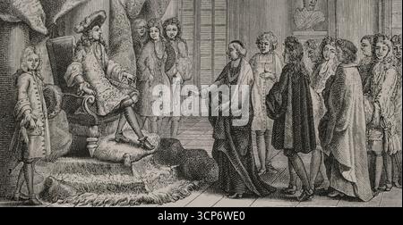 Mitglieder der Académie Francaise (Französische Akademie) überreichen König Ludwig XIV (1638–1715) am 24. August 1694 die erste vollständige Ausgabe des Dictionnaire de l’Académie francaise (Wörterbuch der Französischen Akademie). Es war das erste offizielle Wörterbuch der französischen Sprache. Stich von Jean Mariette (1660-1742) nach Jean-Baptiste Corneille (1649-1695). XVIIme siècle: lettres, Sciences et Arts, Frankreich 1590-1700 (17. Jahrhundert: Briefe, Wissenschaften und Künste), von Paul Lacroix. Veröffentlicht in Paris von Librairie de Firmin-Didot et Cie, 1882. Stockfoto